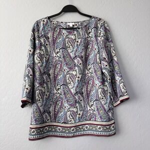 J.‎ Jill Paisley Blouse 3/4 Sleeve Tunic Top Bohemian Chic Purple Blue M